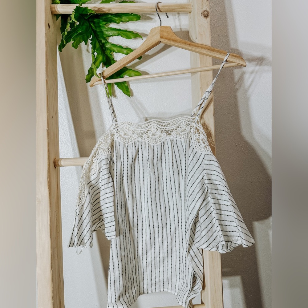 Flying tomato off the shoulder stripped top
